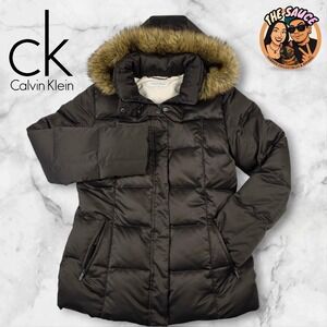 Calvin‎ Klein Women M Down Puffer Coat Parka Faux Fur Hooded Winter Warm Brown